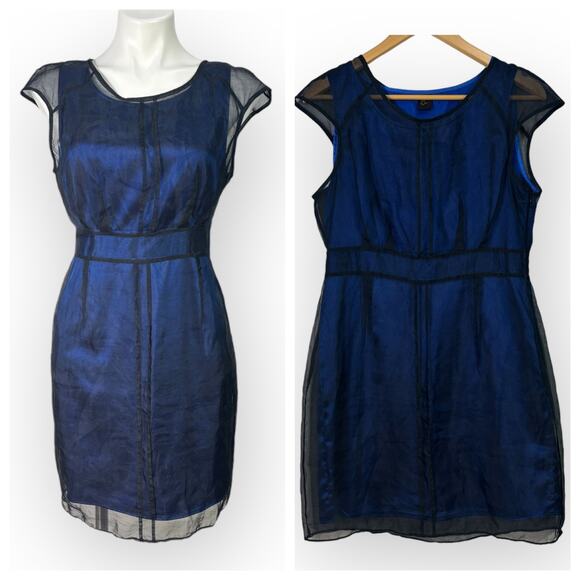 Vintage 90s Luce Silk Chiffon Overlay Sheath Dress Size Large Blue Career Goth - Picture 5 of 15